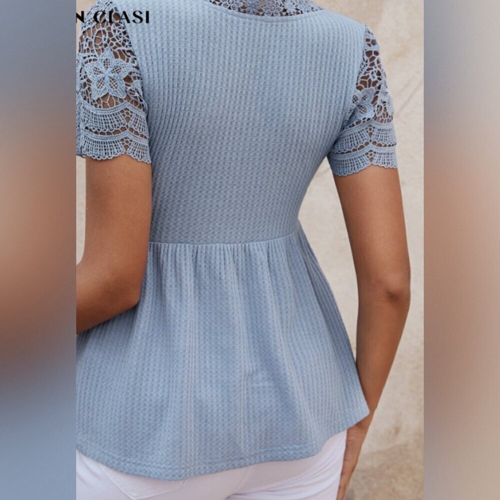 Women's Blue Lace Details Peplum Top - Picture 2 of 4